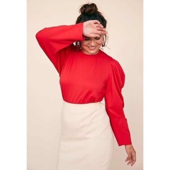 LPA Crew Neck Gathered Puff Shoulder Red Top - Size Small - Picture 4 of 11